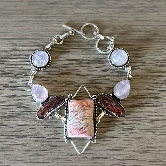 1061 Leopard Skin Jasper Rose Quartz Bracelet Handmade Silver Statement Jewelry - Picture 1 of 8